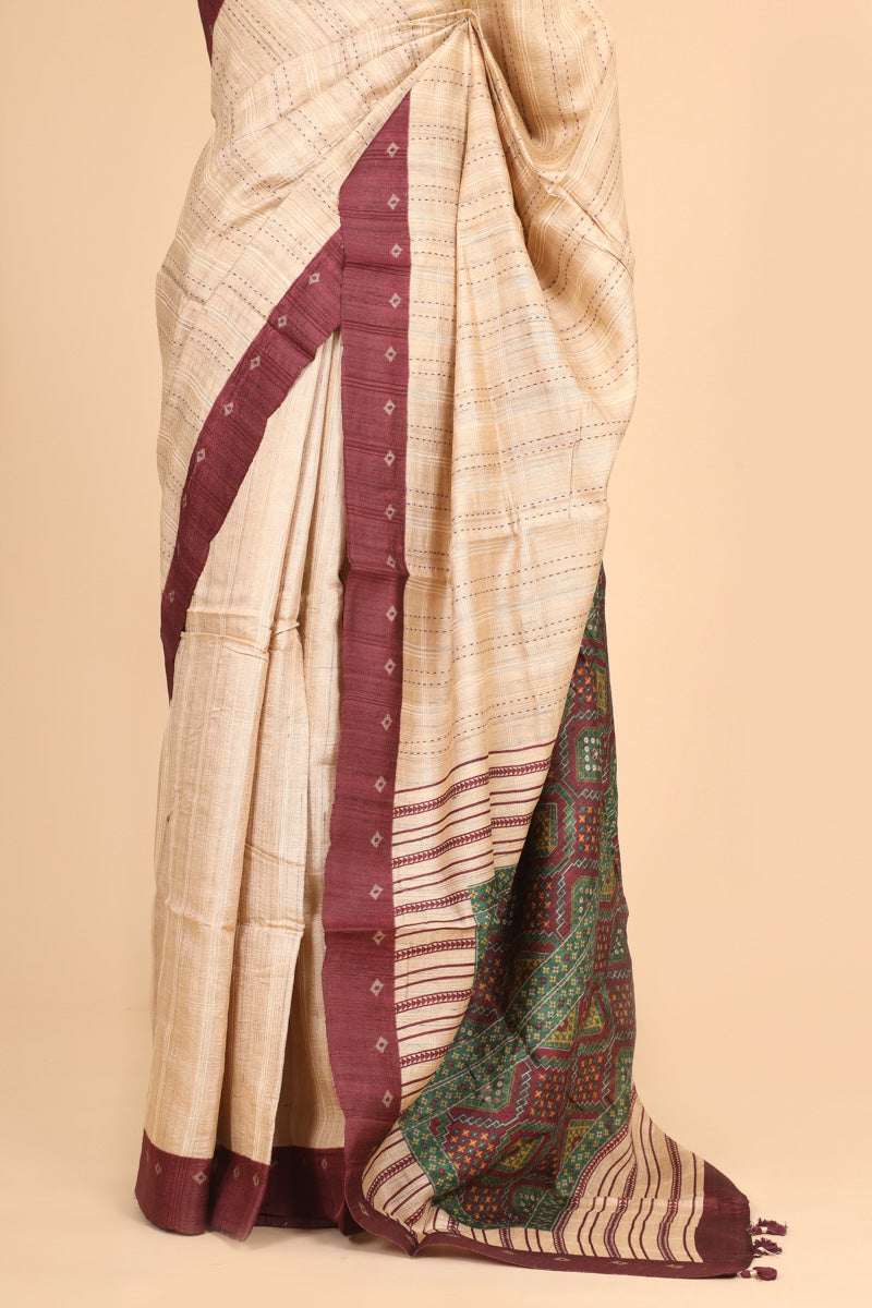 Beige Maroon Pure Tussar Silk Saree with Printed Patola-Inspired Pallu