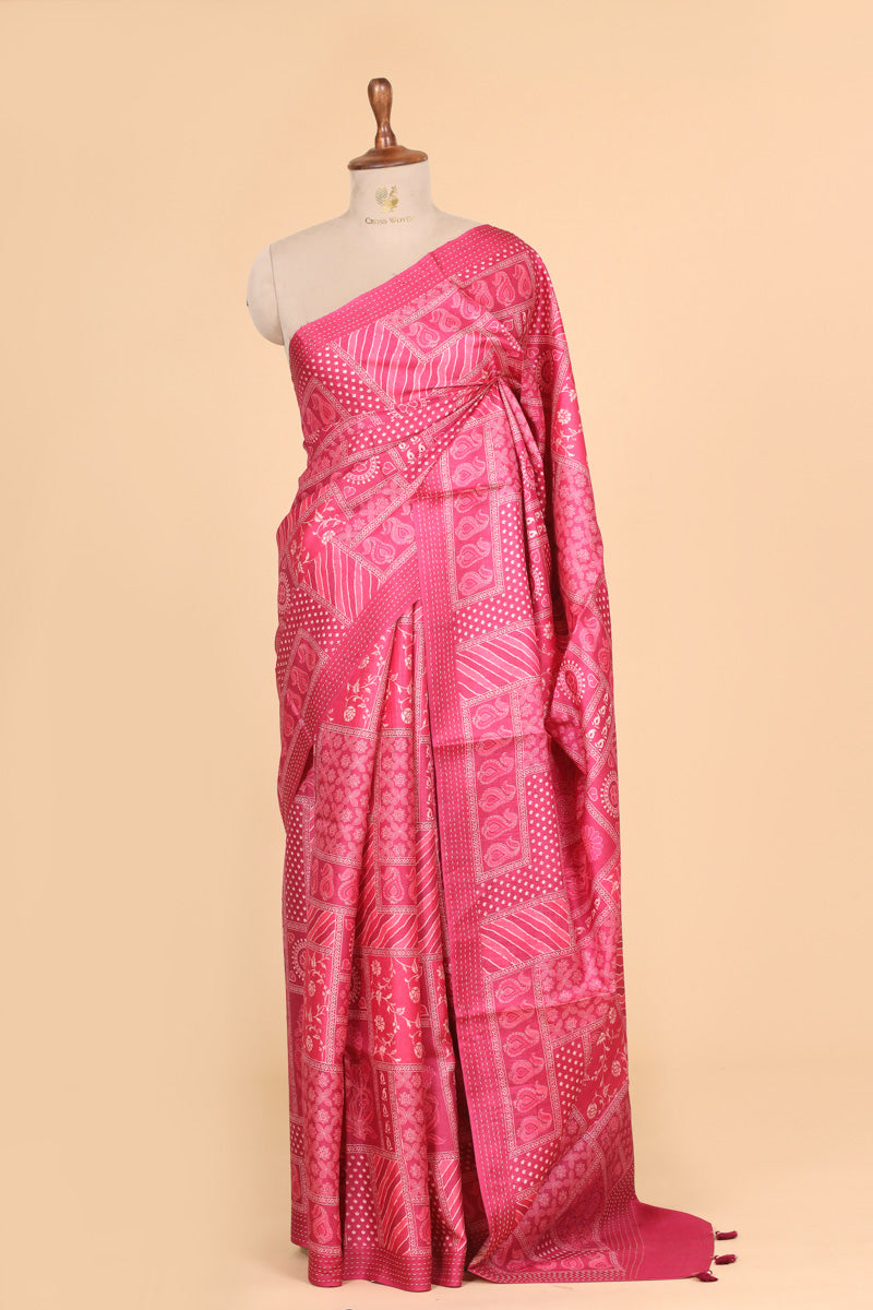 Pink Printed Pure Tussar Silk Saree with Traditional Motifs