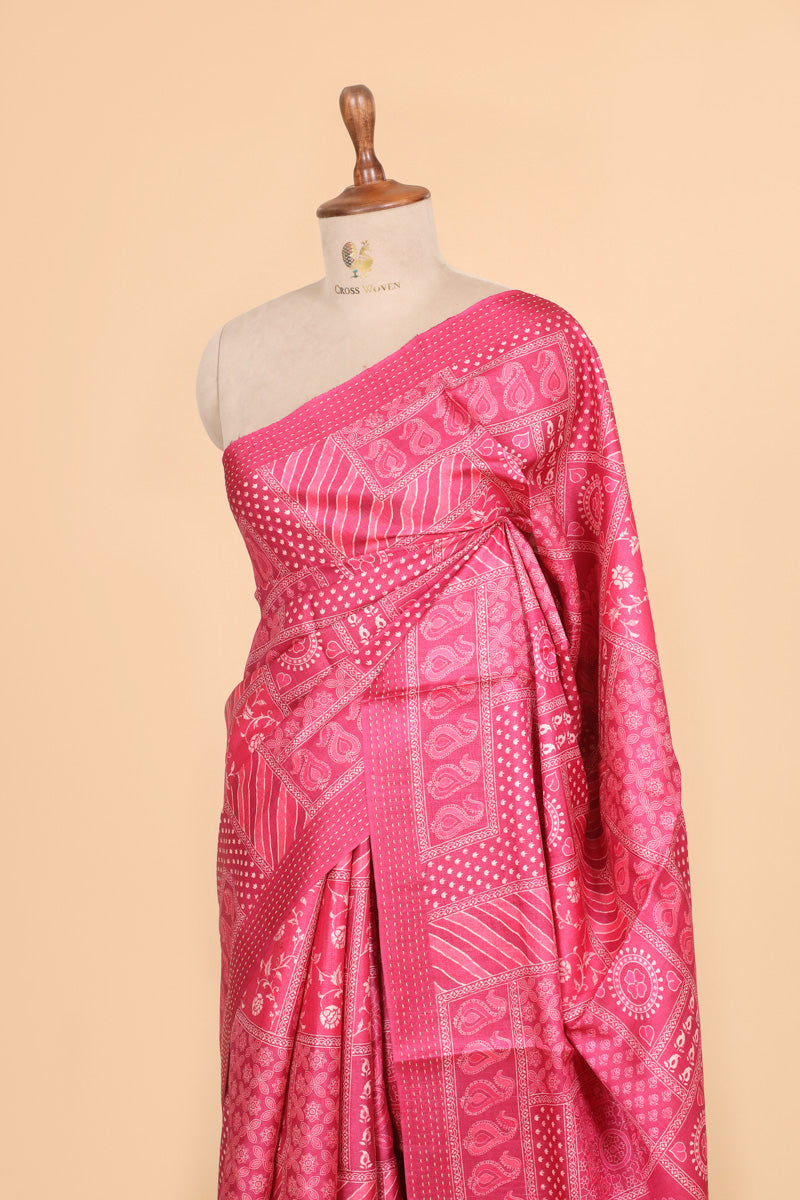 Pink Printed Pure Tussar Silk Saree with Traditional Motifs
