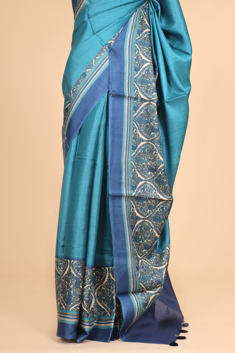 Turquoise Blue Pure Tussar Silk Saree with Ornate Printed Pallu