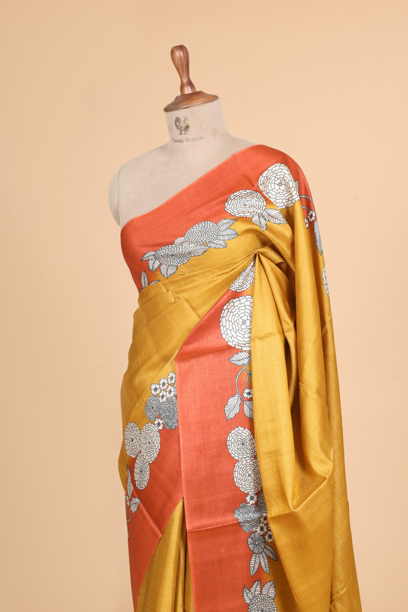 Mustard Yellow Floral Printed Pure Tussar Silk Saree with Contrast Border