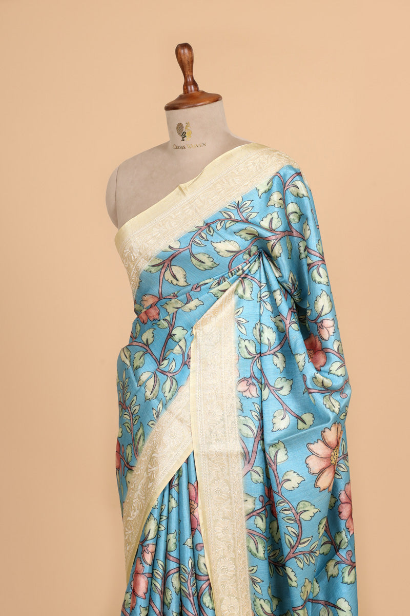 Sky Blue Floral Printed Pure Tussar Silk Saree with Embroidery Border