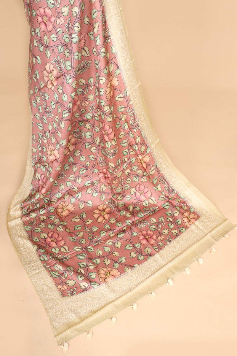 Blush Pink Floral Printed Pure Tussar Silk Saree with Embroidery Border