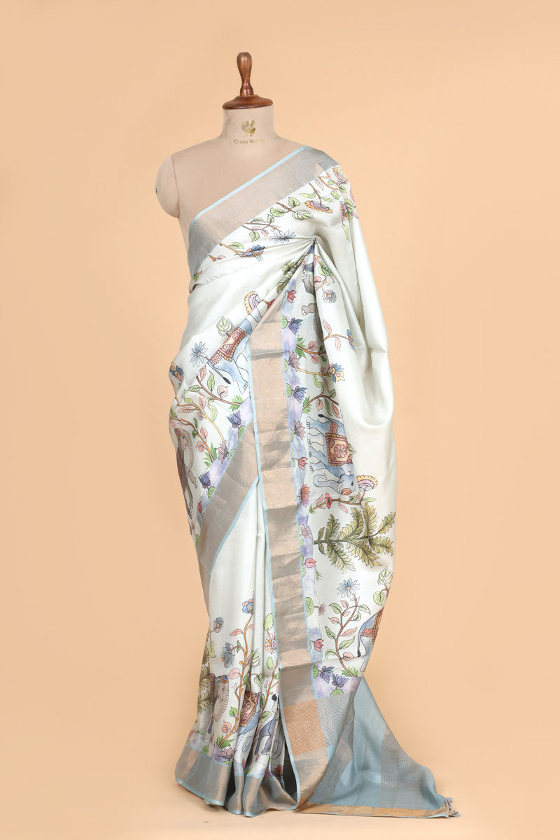 Pastel Blue Printed Pure Tussar Silk Saree with Blue Zari Border