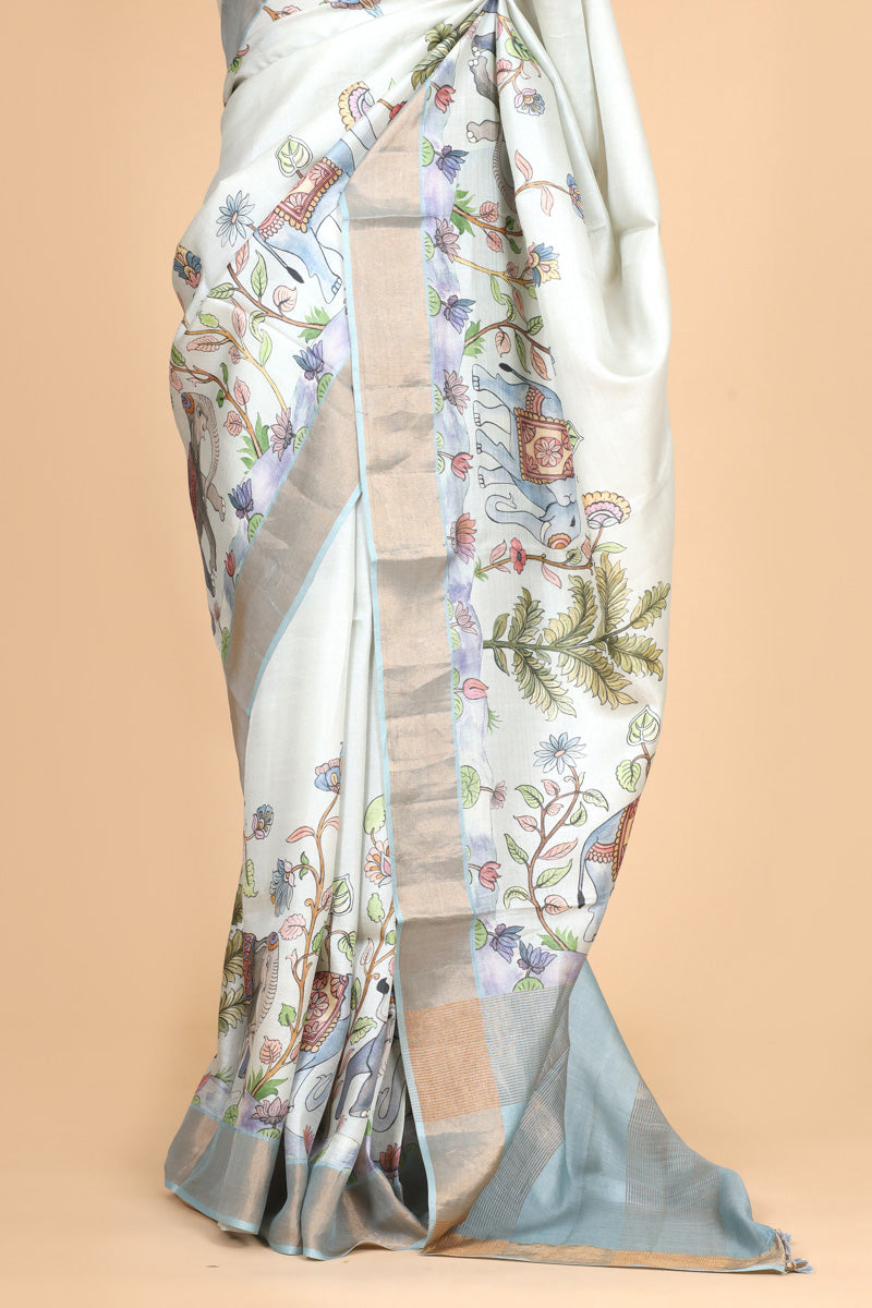 Pastel Blue Printed Pure Tussar Silk Saree with Blue Zari Border