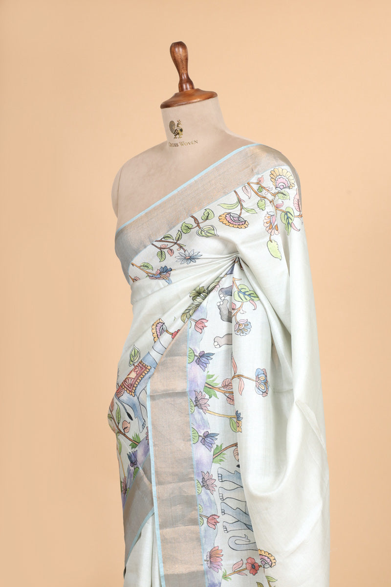 Pastel Blue Printed Pure Tussar Silk Saree with Blue Zari Border