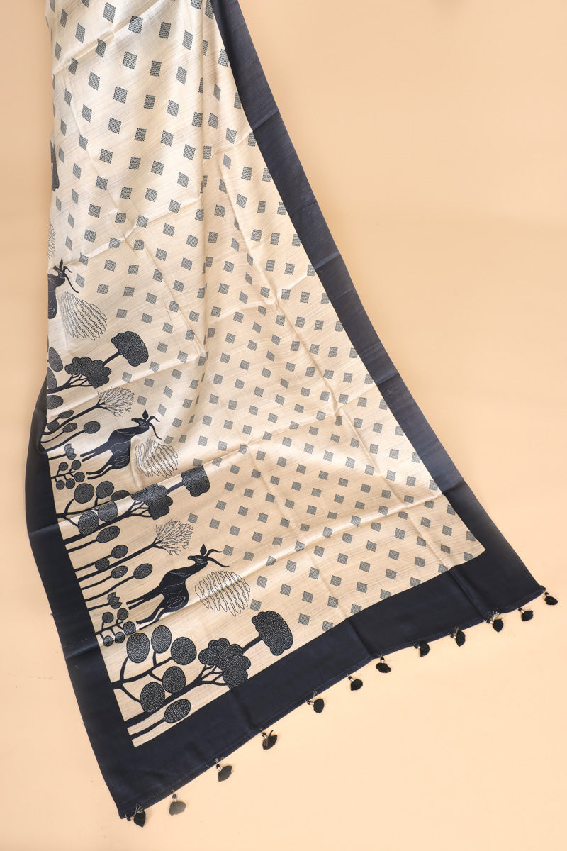 Ivory Black Printed Pure Tussar Silk Saree with Contrast Border
