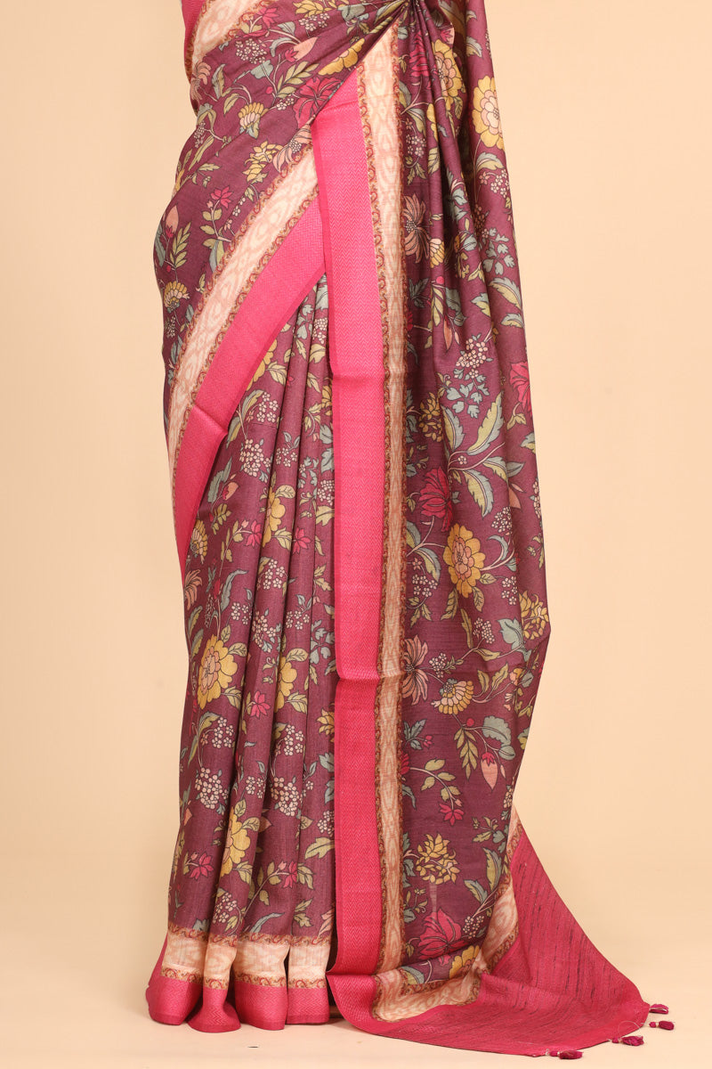 Maroon Floral Printed Pure Tussar Silk Saree with Pink Border