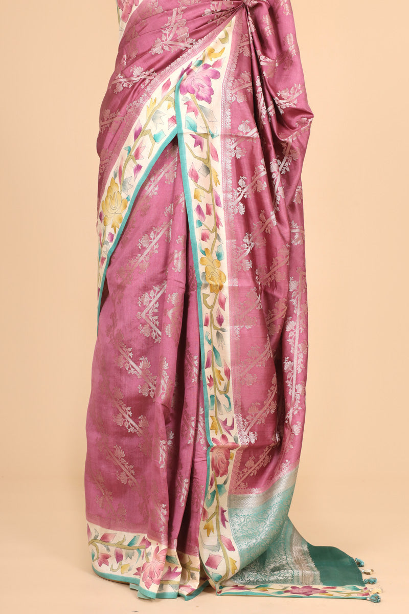 Dusty Rose Pink Pure Chiniya Silk Saree with  Handbrush Geometric Border