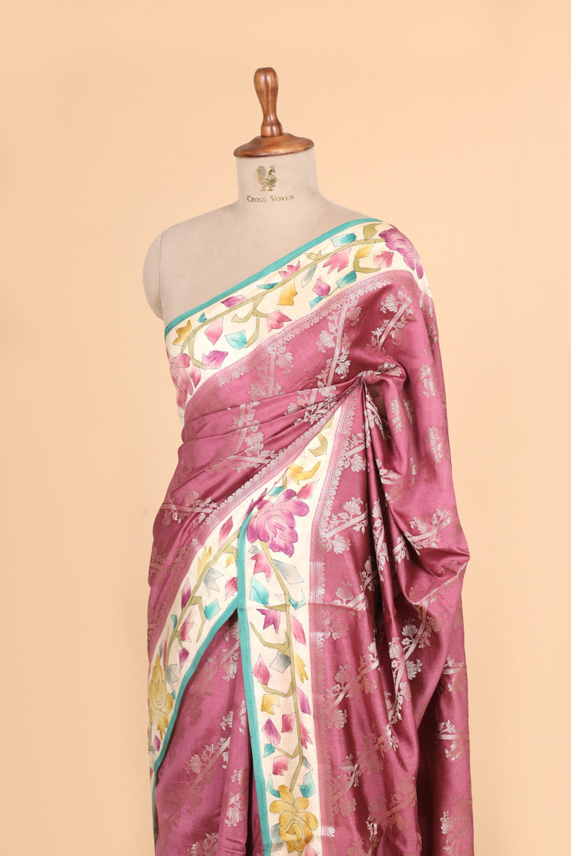 Dusty Rose Pink Pure Chiniya Silk Saree with  Handbrush Geometric Border