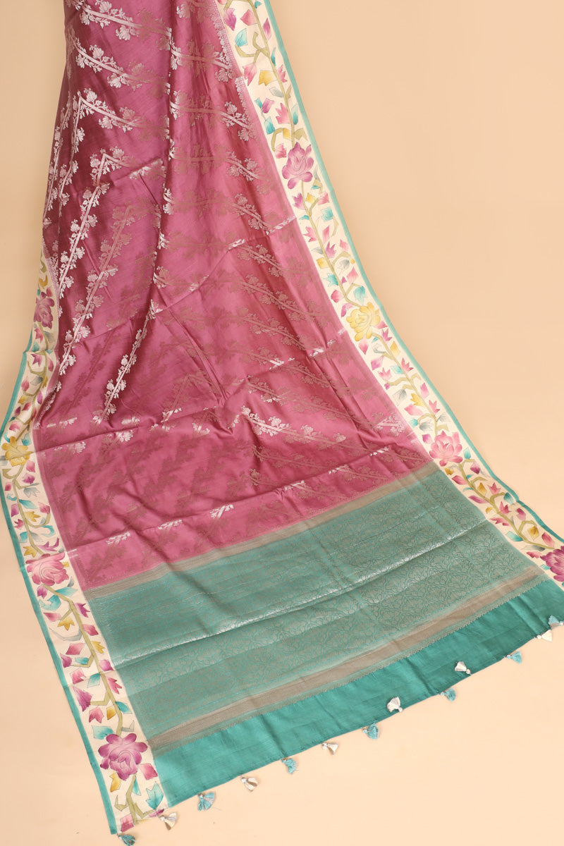 Dusty Rose Pink Pure Chiniya Silk Saree with  Handbrush Geometric Border