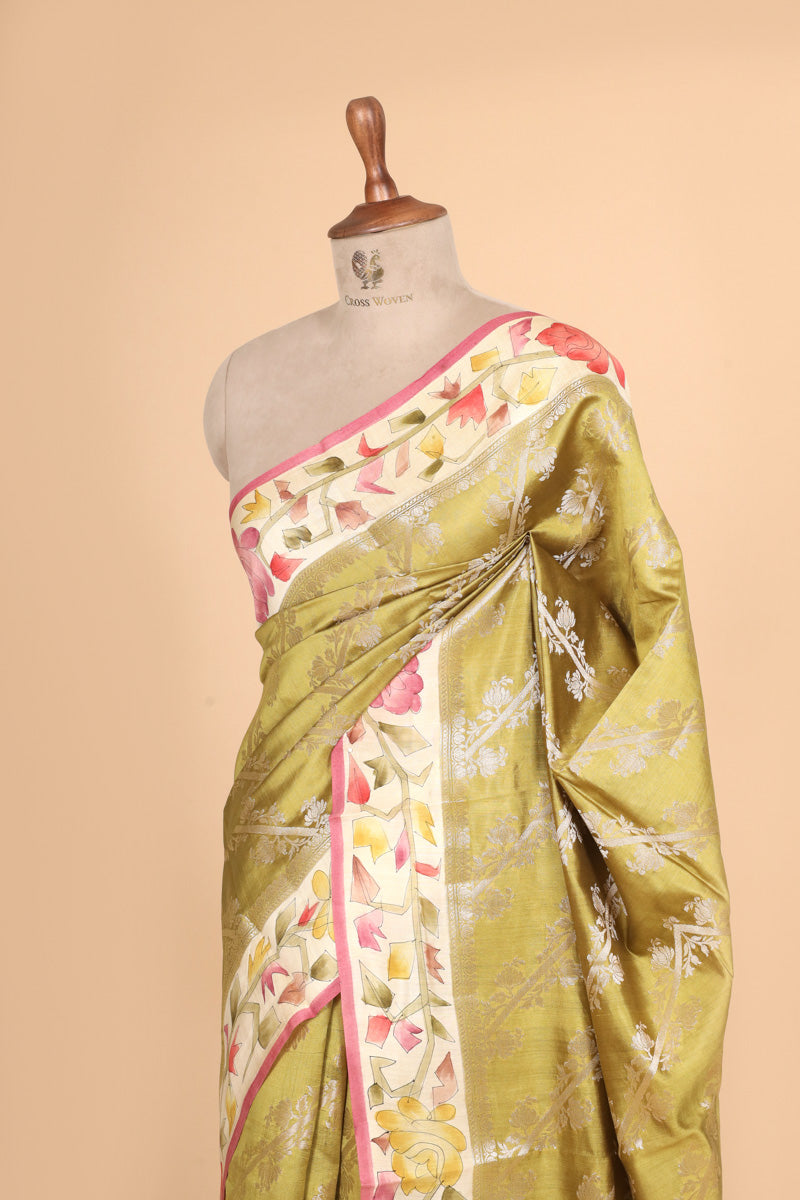 Lime Green Green Pure Chiniya Silk Saree with Handbrush Geometric Border