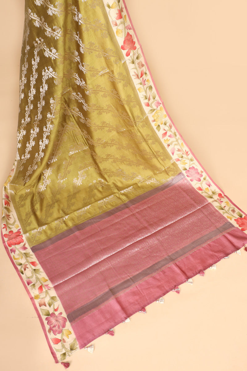 Lime Green Green Pure Chiniya Silk Saree with Handbrush Geometric Border
