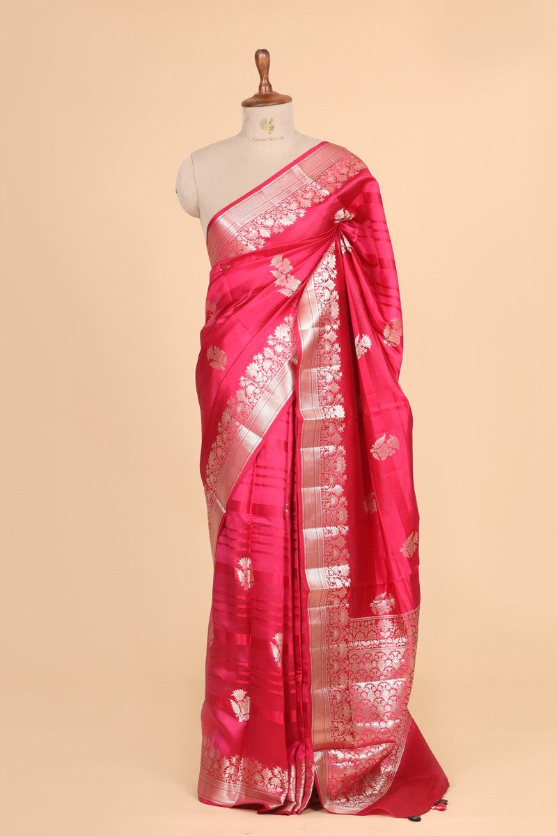Hot Pink Pure Soft Silk Saree with Floral Zari Border
