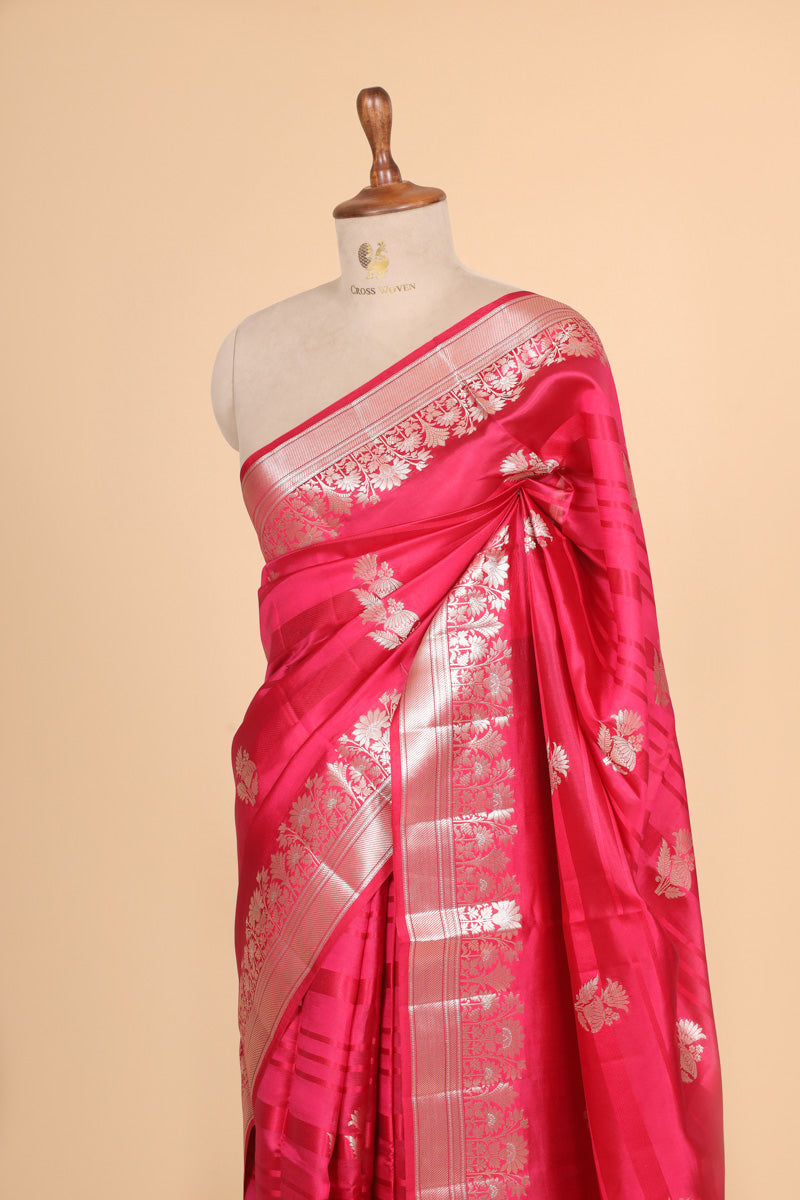Hot Pink Pure Soft Silk Saree with Floral Zari Border