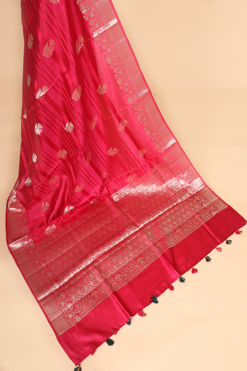 Hot Pink Pure Soft Silk Saree with Floral Zari Border
