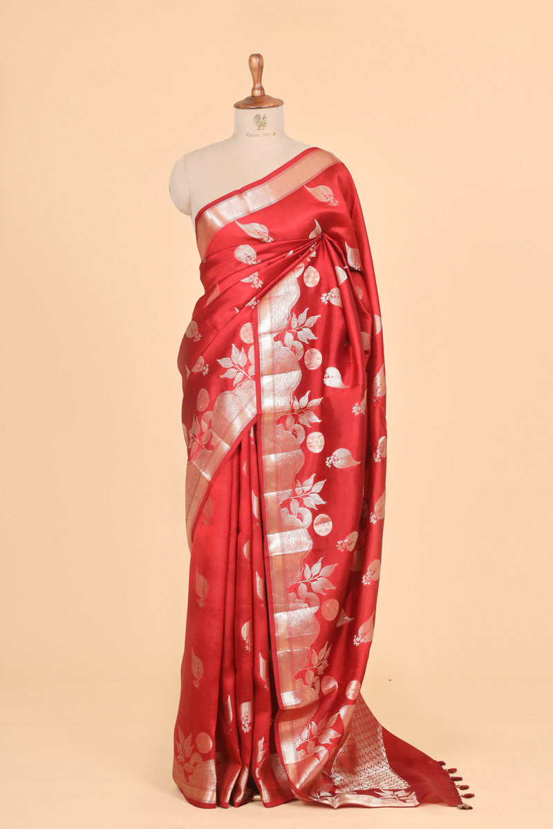 Red Pure Soft Silk Saree with Zari Leaf Motifs