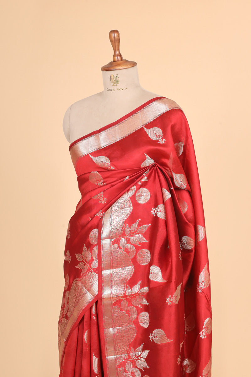 Red Pure Soft Silk Saree with Zari Leaf Motifs