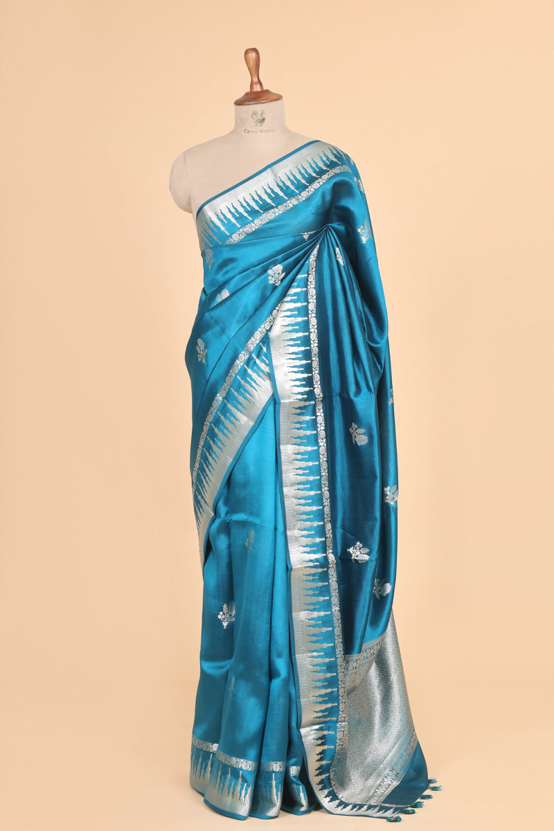 Teal Blue Pure Soft Silk Saree with Geometric Zari Border