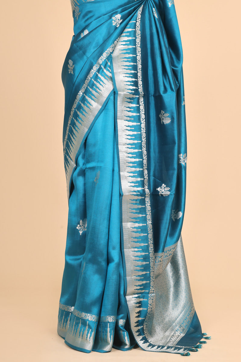 Teal Blue Pure Soft Silk Saree with Geometric Zari Border
