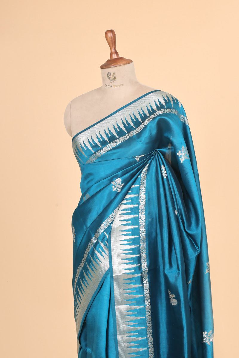 Teal Blue Pure Soft Silk Saree with Geometric Zari Border