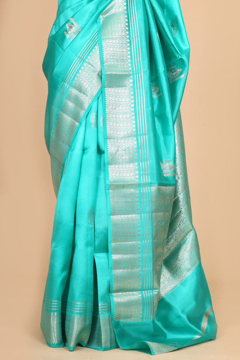 Aqua Blue Pure Soft Silk Saree