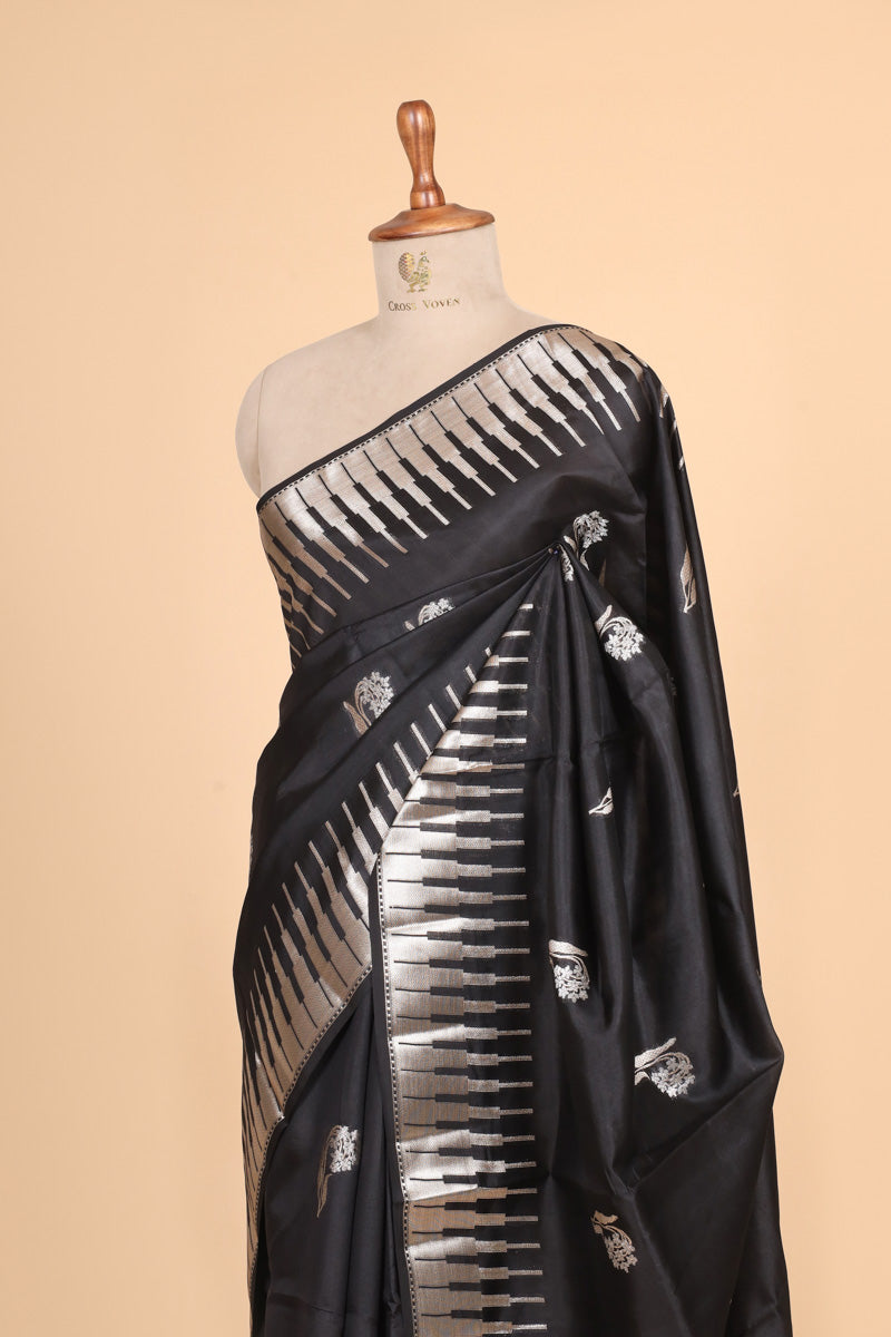 Black Pure Soft Silk Saree with Geometric Zari Border