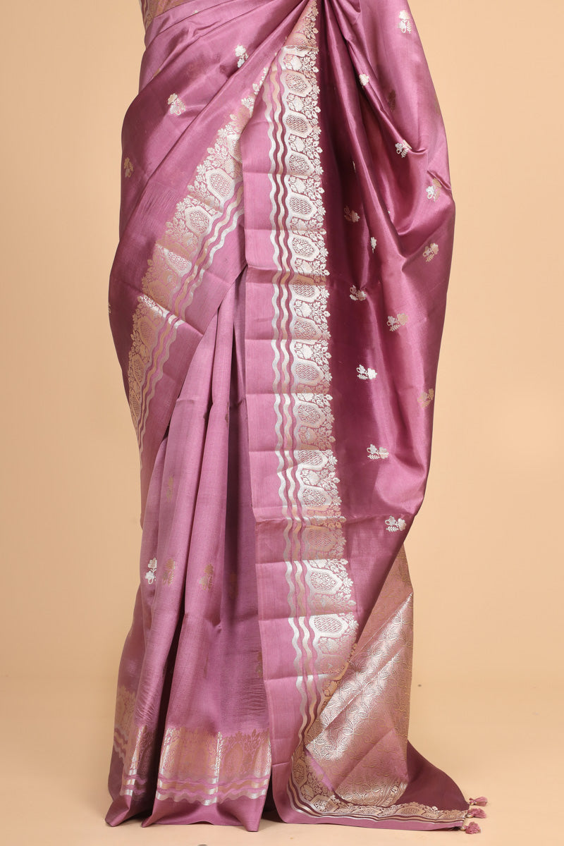 Mauve Pink Pure Soft Silk Saree with Floral Border