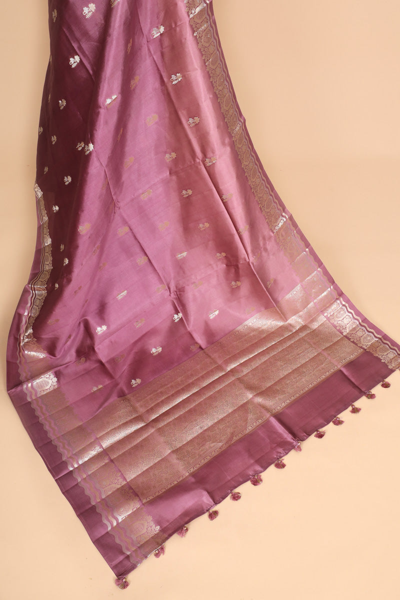Mauve Pink Pure Soft Silk Saree with Floral Border