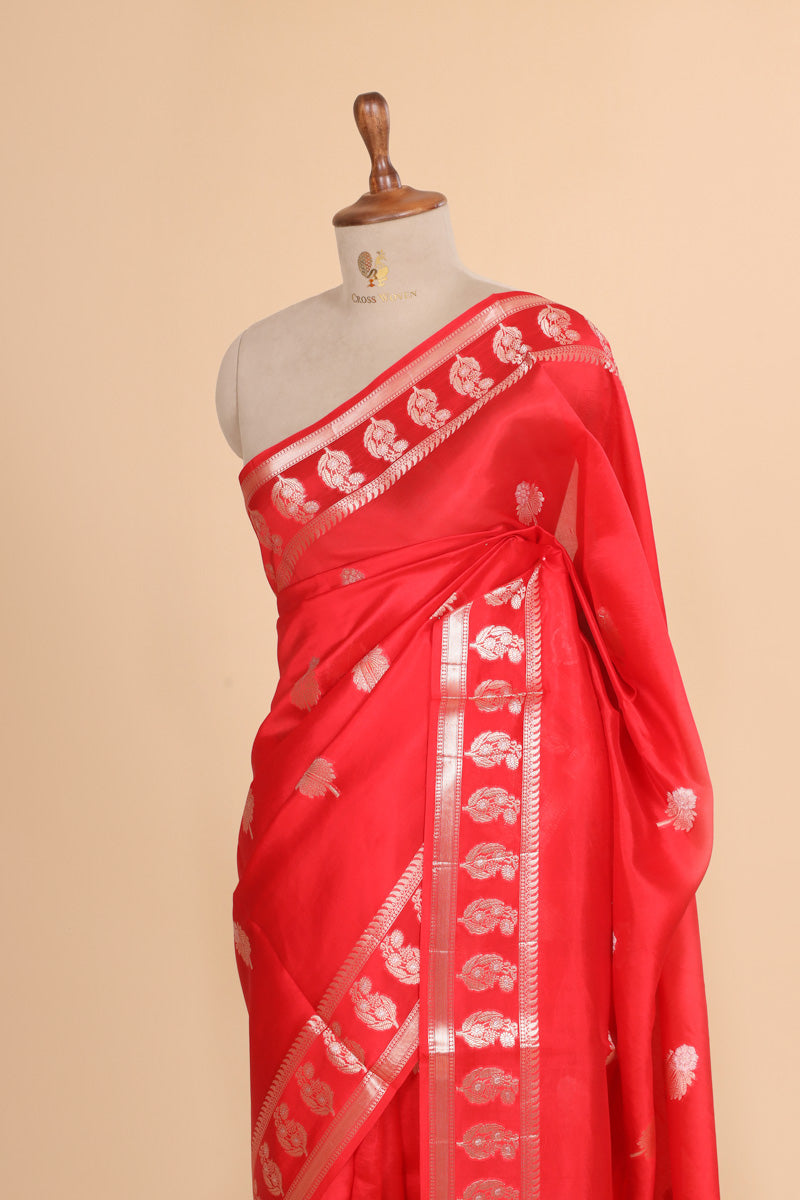 Vibrant Red Pure Soft Silk Saree with Booti Zari Border