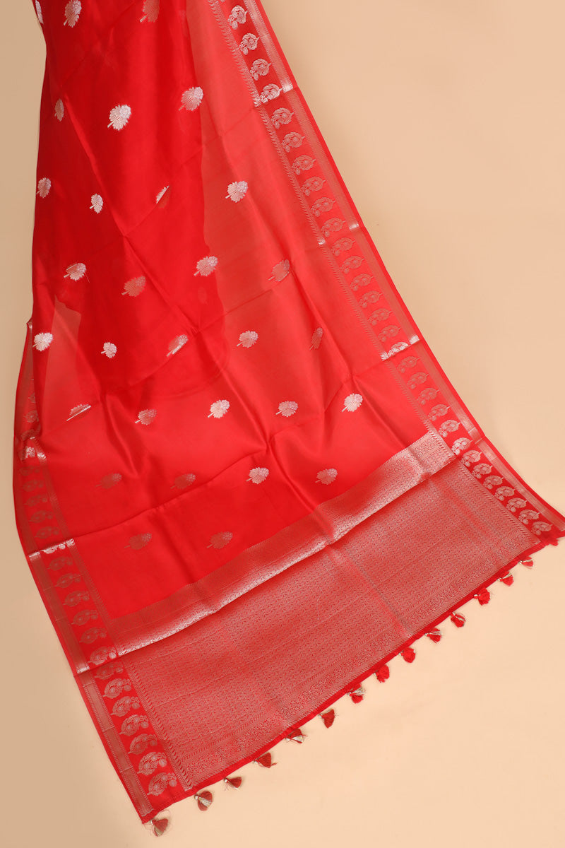 Vibrant Red Pure Soft Silk Saree with Booti Zari Border