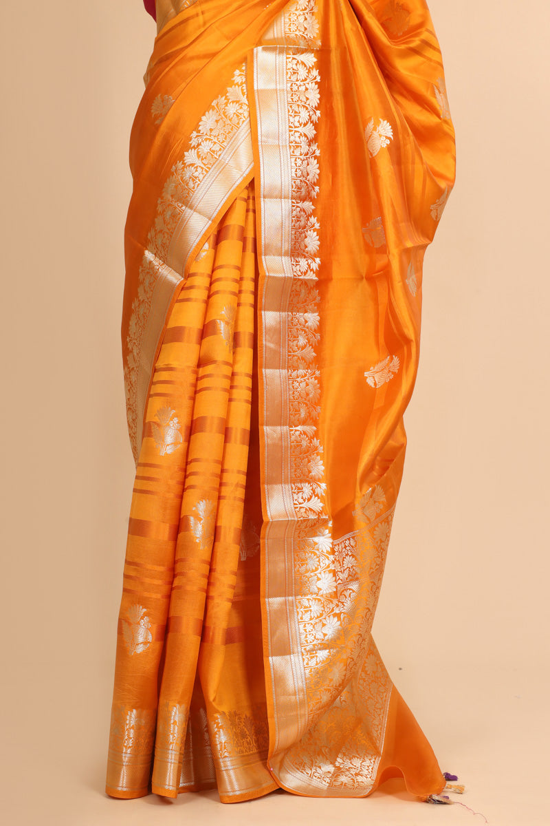 Mustard Yellow Pure Soft Silk Saree with Floral Zari Border