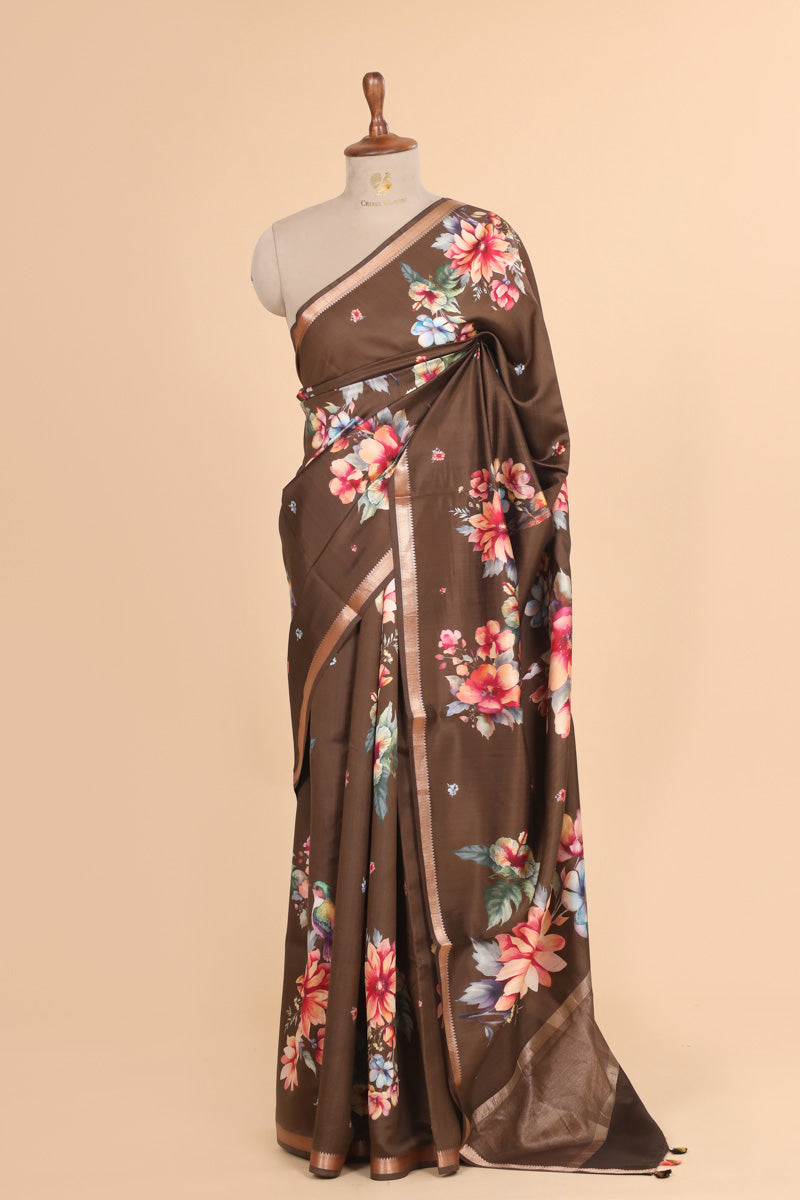 Chocolate Brown Pure Chiniya Silk Saree with Multicolour Floral Print