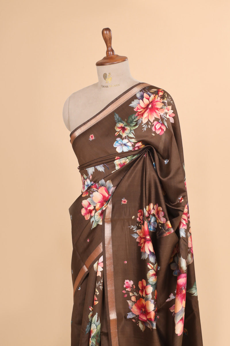 Chocolate Brown Pure Chiniya Silk Saree with Multicolour Floral Print