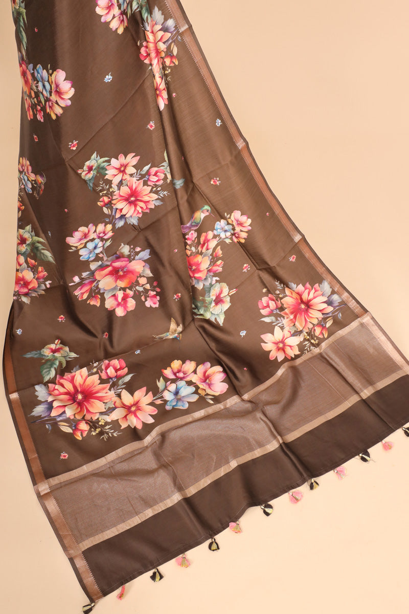Chocolate Brown Pure Chiniya Silk Saree with Multicolour Floral Print