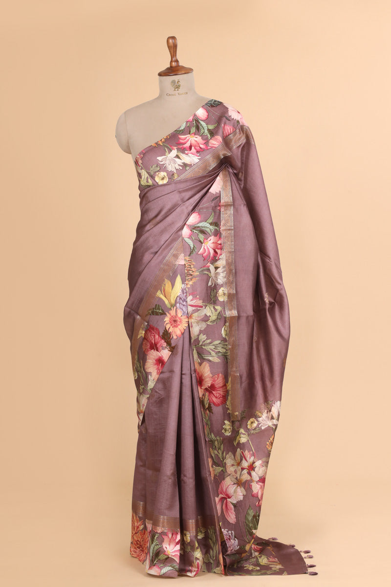 Mauve Purple Pure Chiniya Silk Saree with Floral Printed Pallu
