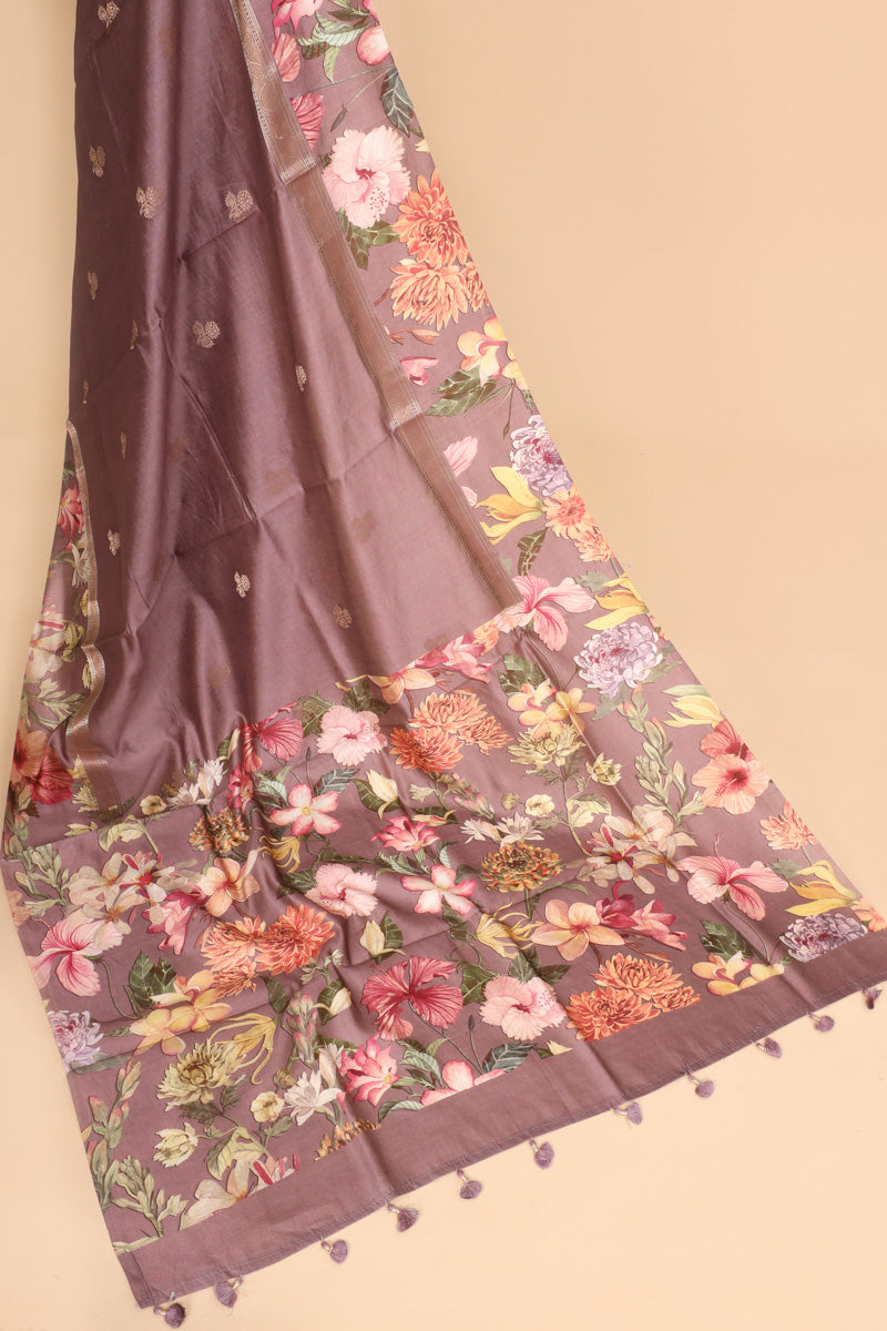 Mauve Purple Pure Chiniya Silk Saree with Floral Printed Pallu