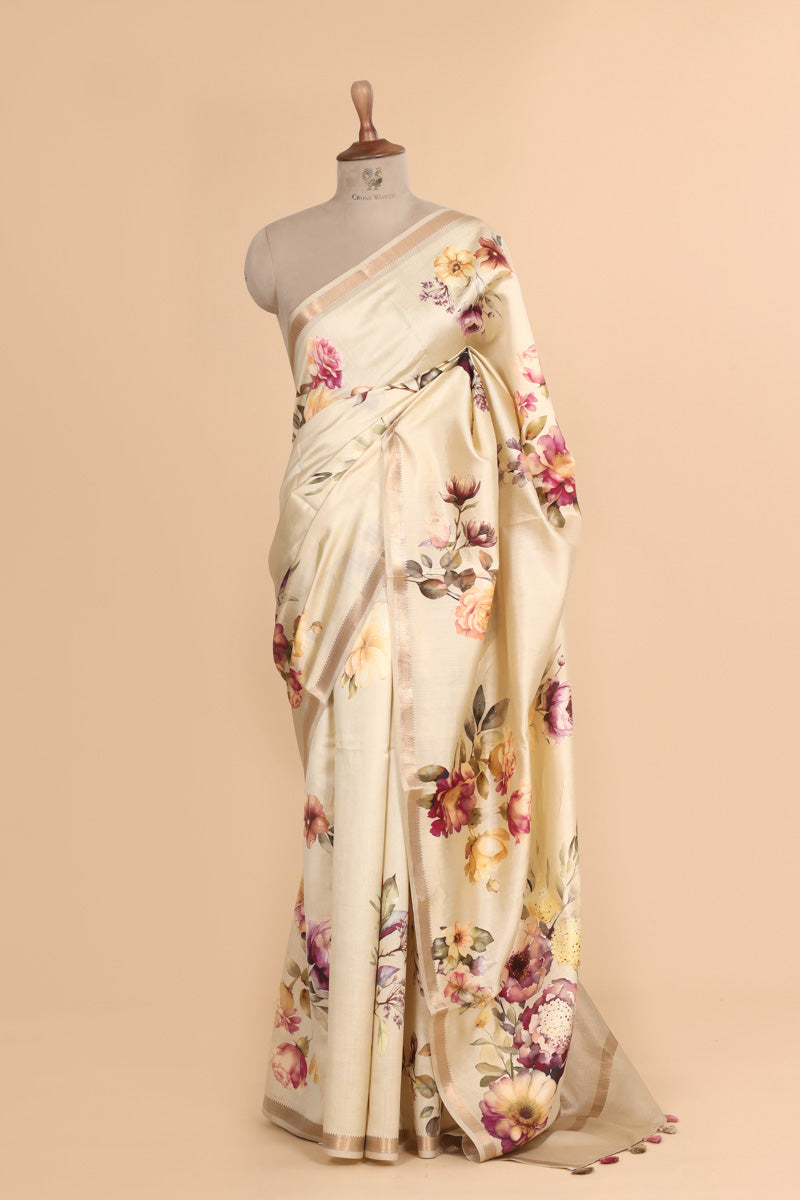 Ivory White Pure Chiniya Silk Saree with Multicolour Floral Print