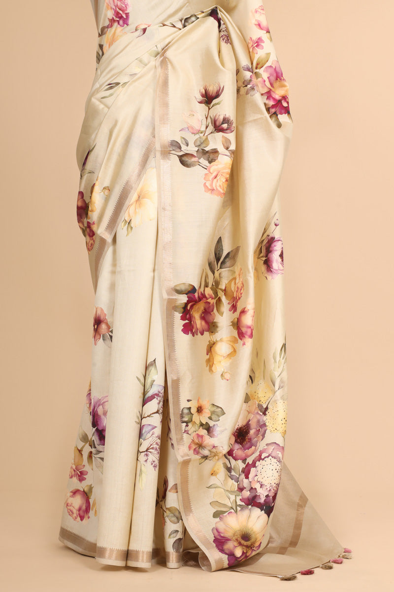 Ivory White Pure Chiniya Silk Saree with Multicolour Floral Print