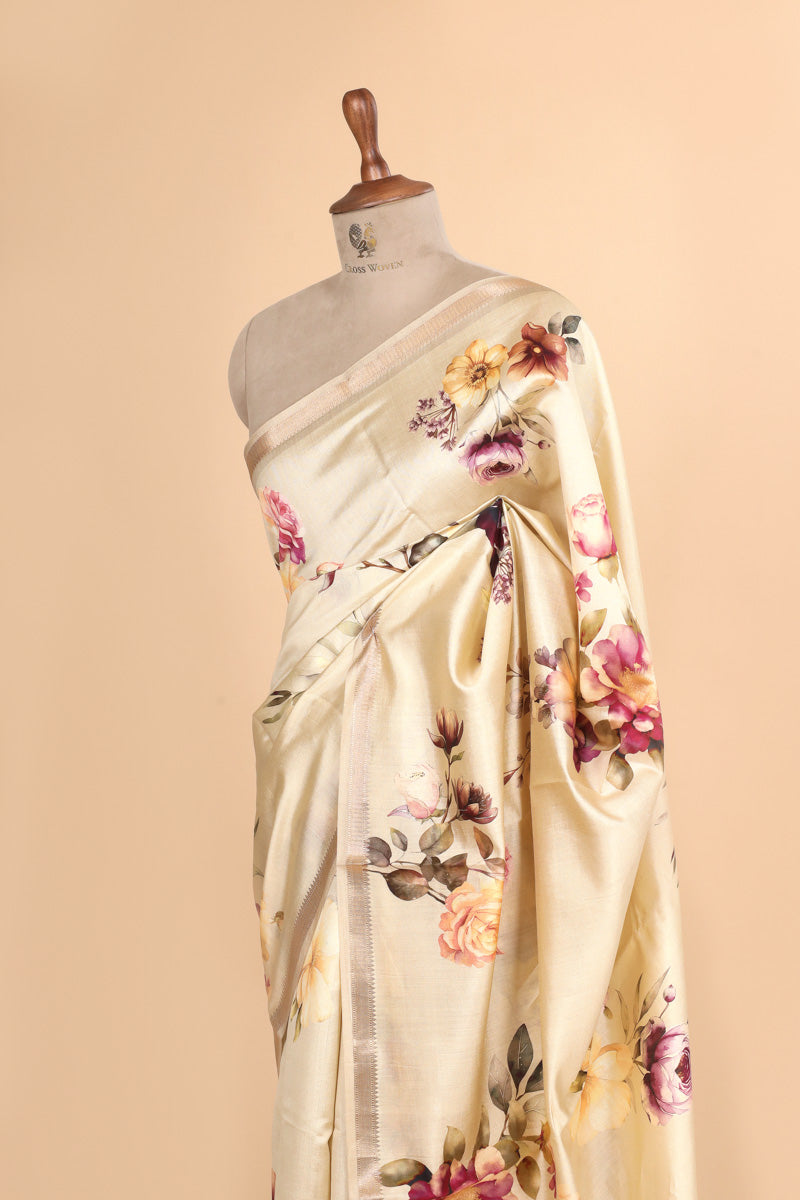 Ivory White Pure Chiniya Silk Saree with Multicolour Floral Print