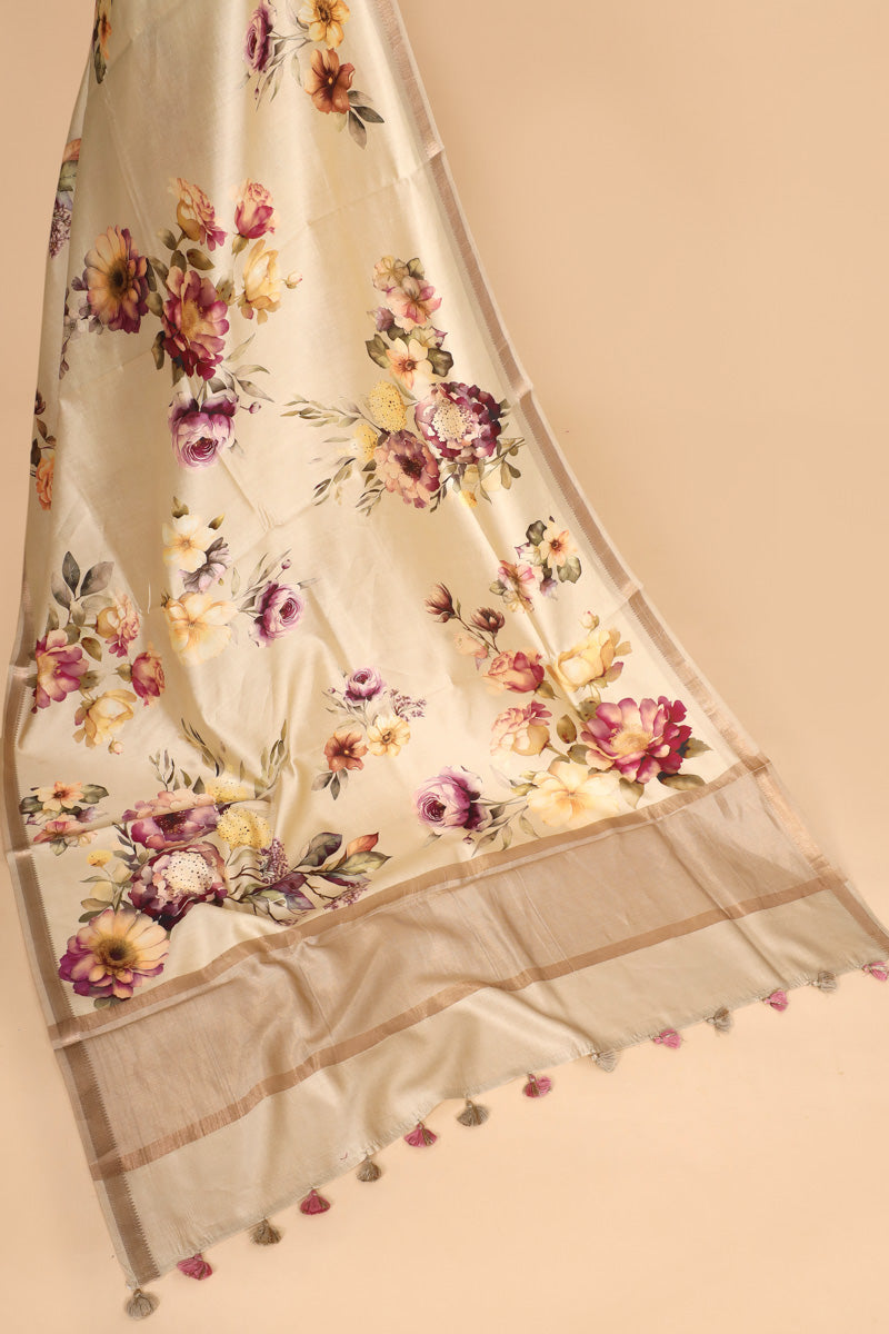 Ivory White Pure Chiniya Silk Saree with Multicolour Floral Print