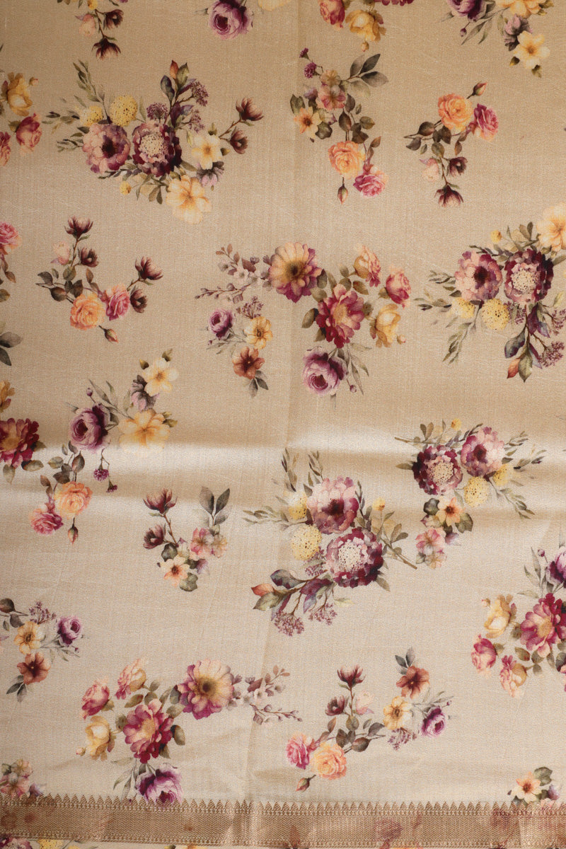 Ivory White Pure Chiniya Silk Saree with Multicolour Floral Print
