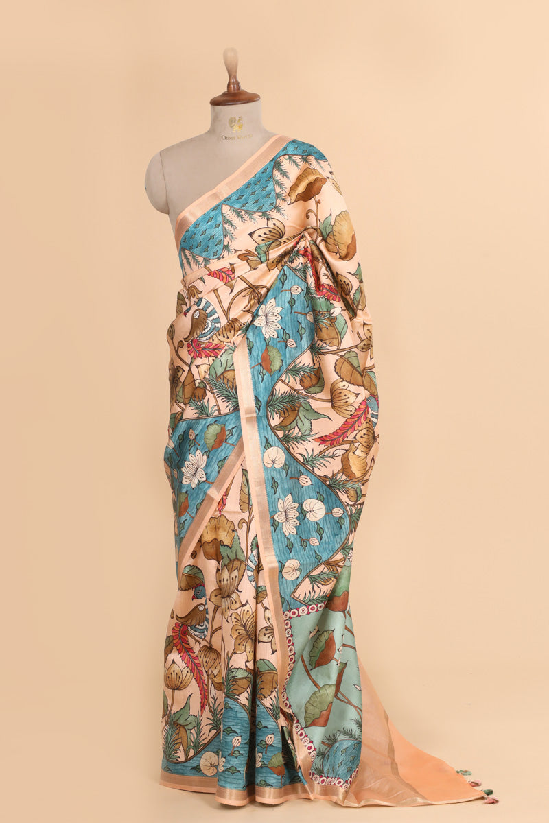 Aqua Blue & Peach Pure Chiniya Silk Saree with Floral Printed Border