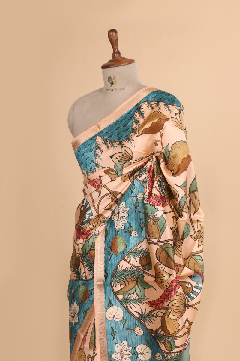 Aqua Blue & Peach Pure Chiniya Silk Saree with Floral Printed Border