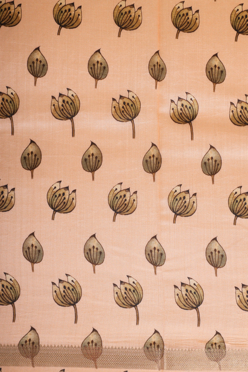 Aqua Blue & Peach Pure Chiniya Silk Saree with Floral Printed Border