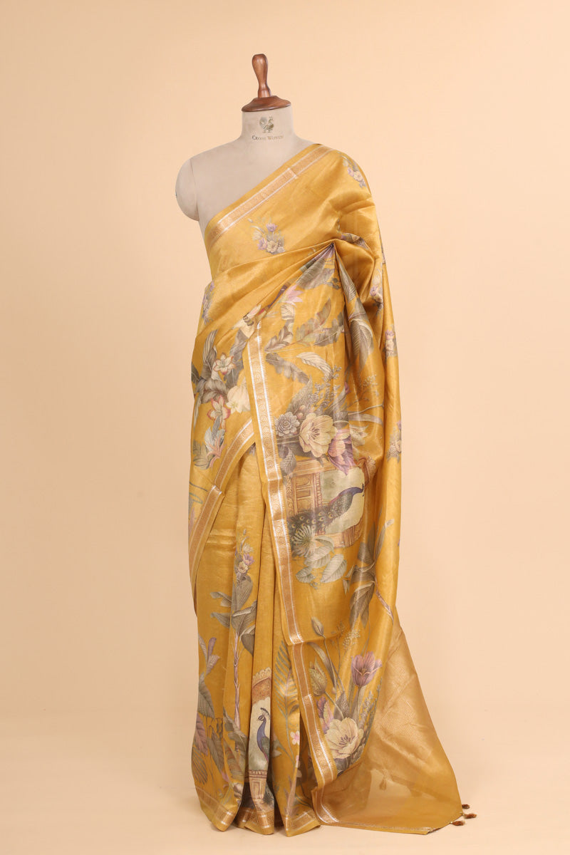 Mustard Yellow Pure Soft Tissue Floral Printed Saree