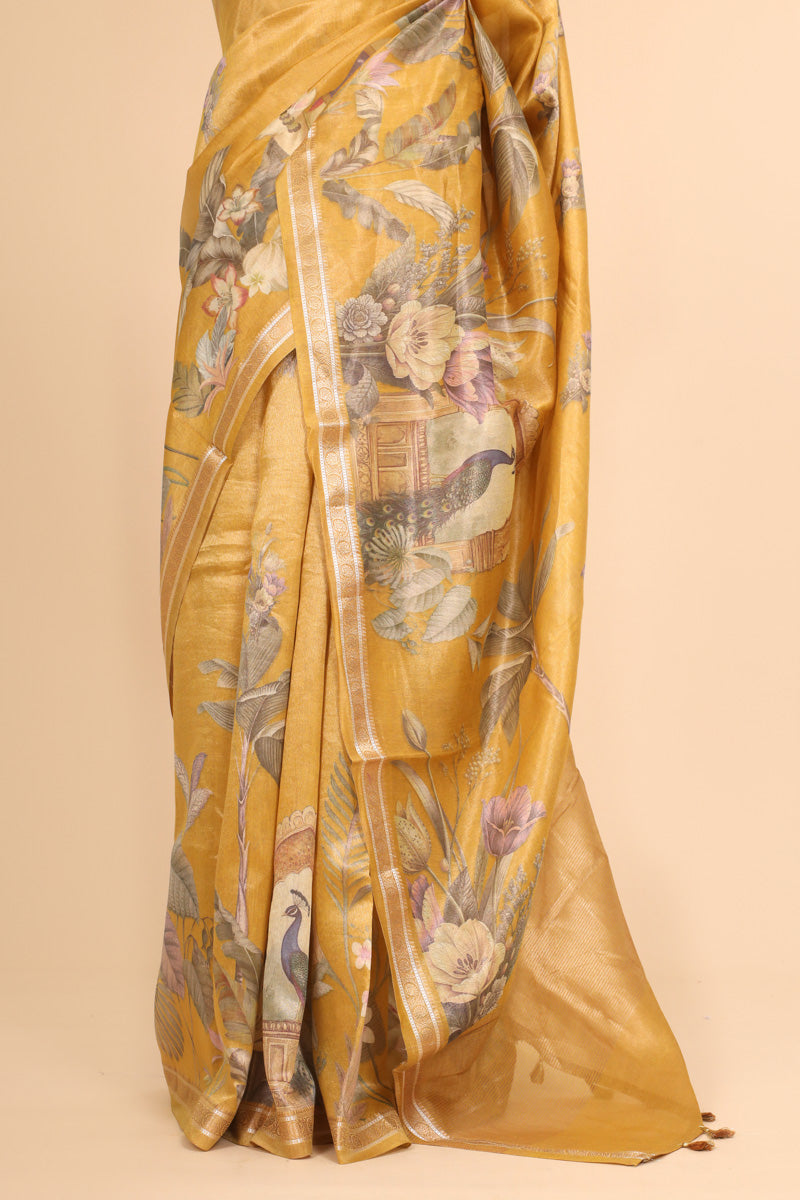 Mustard Yellow Pure Soft Tissue Floral Printed Saree