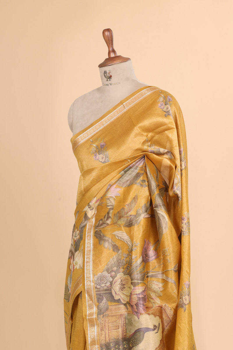 Mustard Yellow Pure Soft Tissue Floral Printed Saree