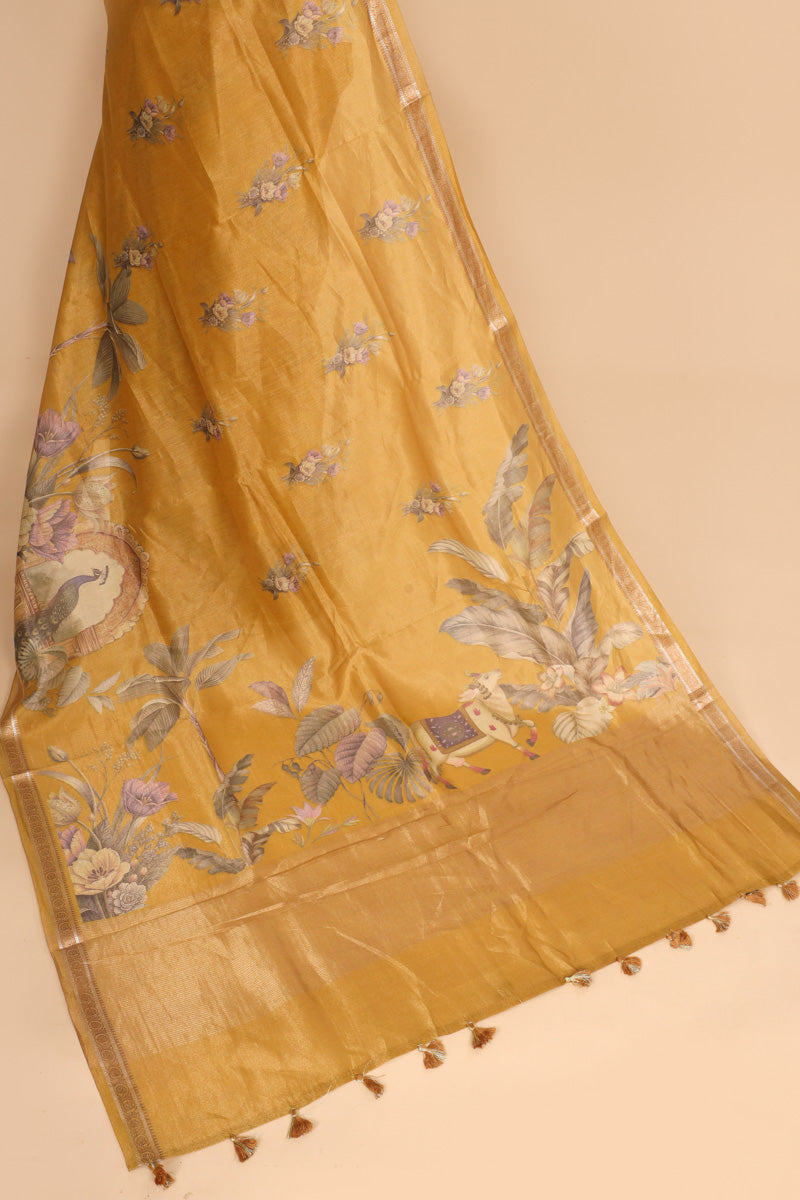 Mustard Yellow Pure Soft Tissue Floral Printed Saree