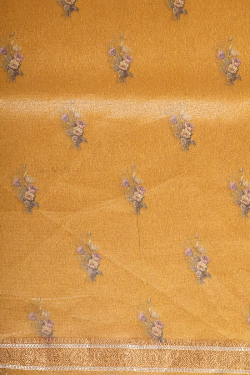Mustard Yellow Pure Soft Tissue Floral Printed Saree